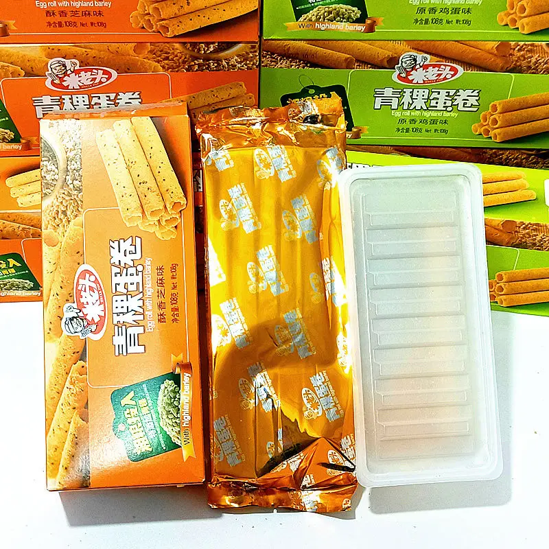 Highland Barley Egg Rolls Strip Sesame & Original Flavor OEM Uncle Pop Grain Snacks Sesame Flavor Biscuits Wafer Rolls 108g