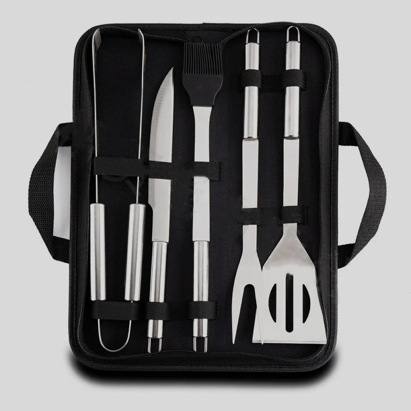 wholesale  canvas bag barbecue set combination stainless steel grill fork spatula clamp round tube handle tool