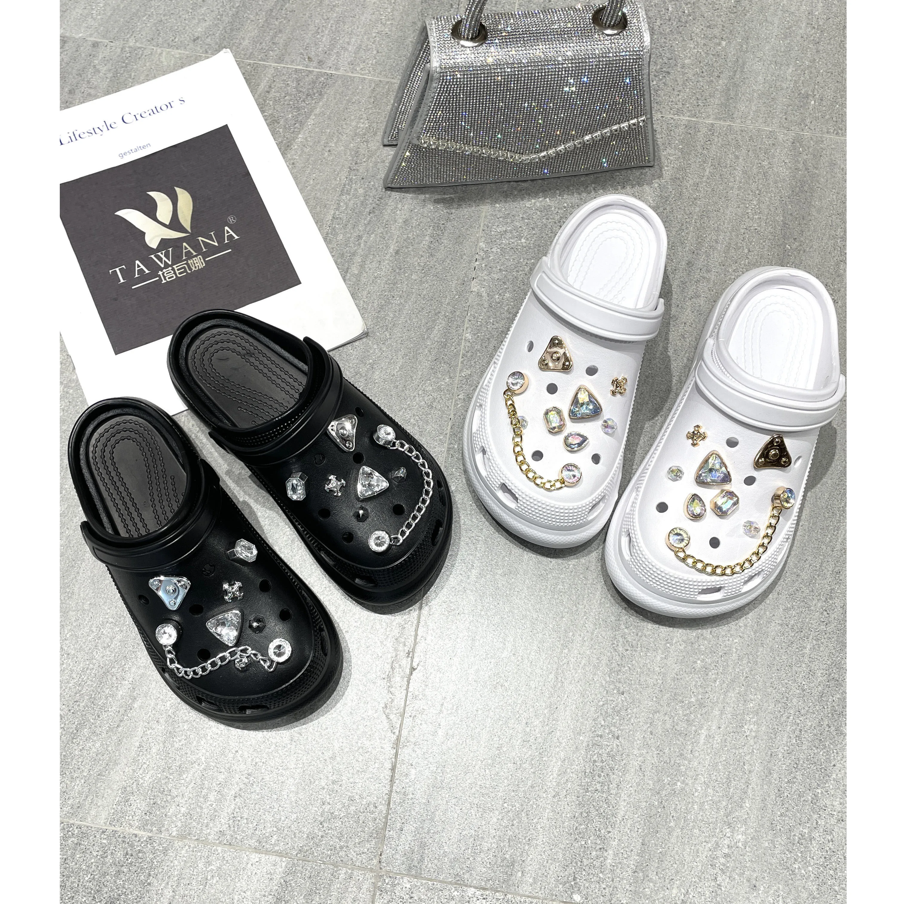 Женские шлепанцы со стразами, тапки для улицы, пляжные сандалии, тапки на толстой подошве, высокий каблук, тапки