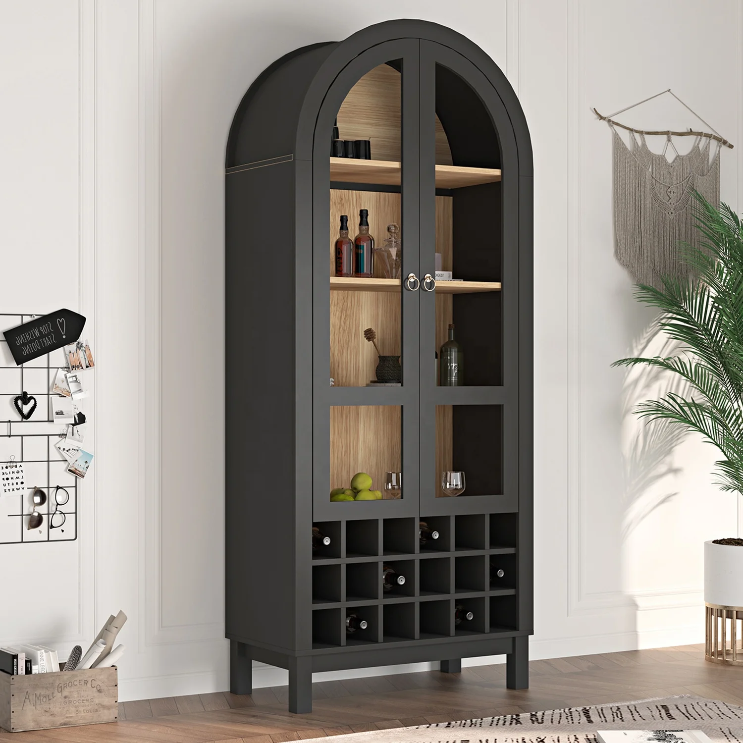 Tall arched kitchen dining book wine bar wood rattan storage display cabinet for living room, Accent Cabinet