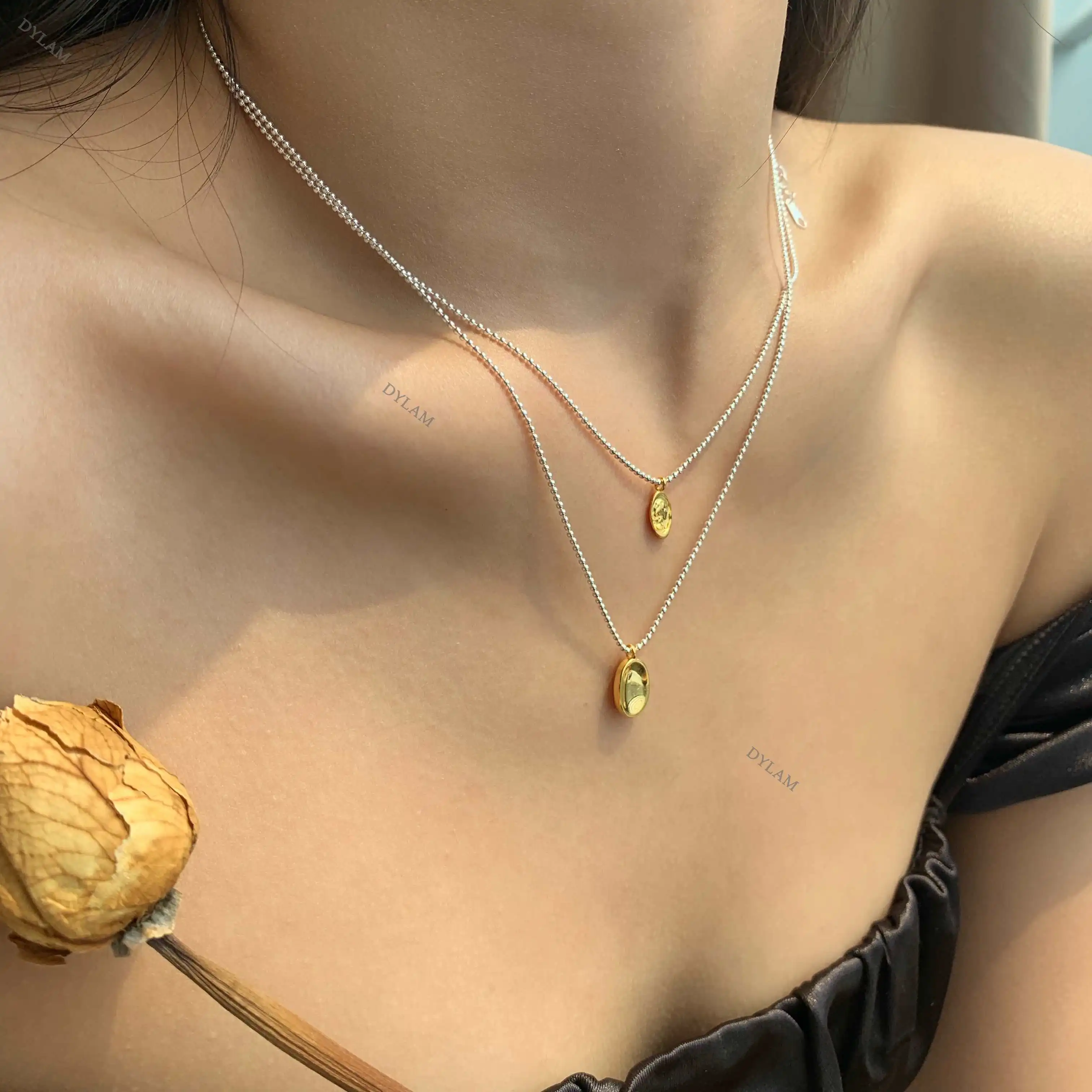 Dylam New Sculpture Beads Chain Engraving 18K Gold Plated Lady Face Relief Portrait Pendant Oval Sterling Silver Beaded Necklace
