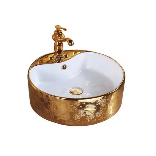 Luxury bathroom handrinse sink ceramic golden electroplated wash art basin