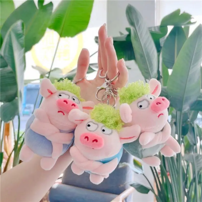 12cm Pig Plush Keychain Toy Mini Cute Cartoon Stuffed Animal Doll Bag charm Kids Gift Funny Kawaii Angry Green Hair Pig Keychain