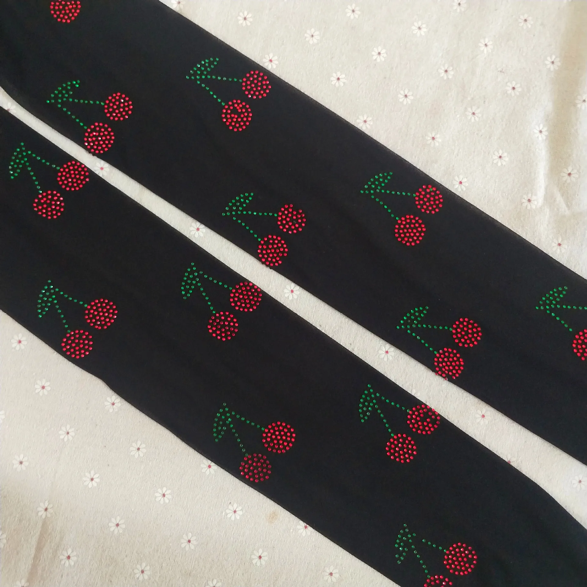 Sexy Mesh Nylon Legging High Waist Slim Stockings Woman Cherry Rhinestone Tights Pantyhose