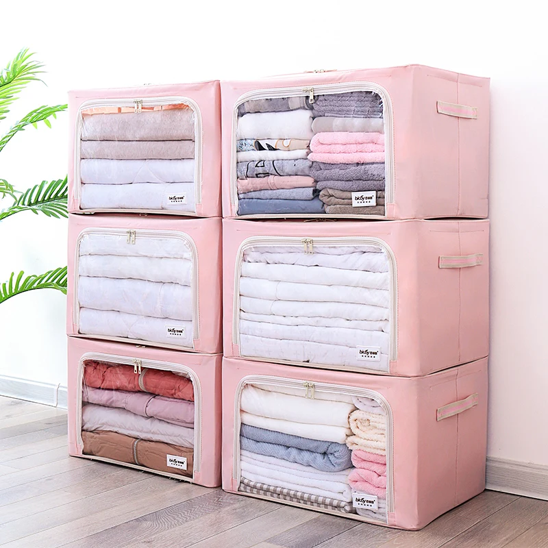 Hot Sale Foldable Clothing Fabric Storage Box Three Sided Visibility Household Clothing Sundries Storage Box with Steel Frame