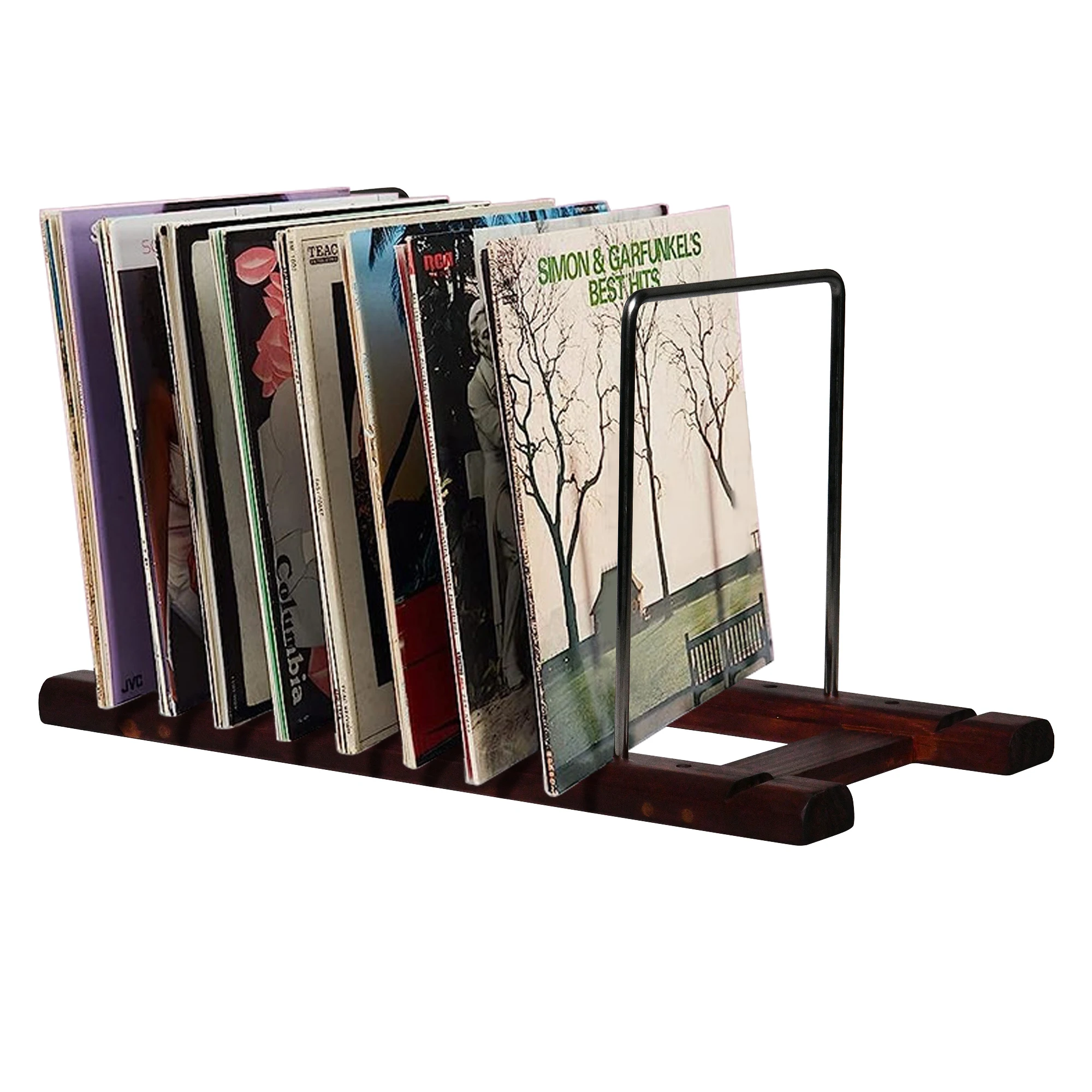 Vinyl Record Holder Storage Display Solid Wood Vinyl Organizer Display Stand with Stainless-Steel Retro Albums Storage Rack