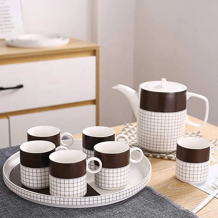 European Style Modern High Quality Brown Royal Teapot Porcelain 8pcs Coffee And Tea Cup Set With Tray
