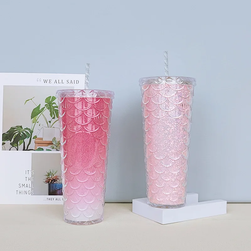 2023 Reusable Diamond Drinking Cups 24 Oz Multi Color Black Stud Fish scales Tumbler With Lid And Straw
