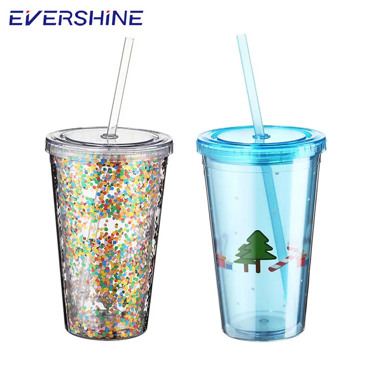 Manufacturer supply promotional 16oz paper insert reusable drinking double wall travel coffee plastic cups with lids