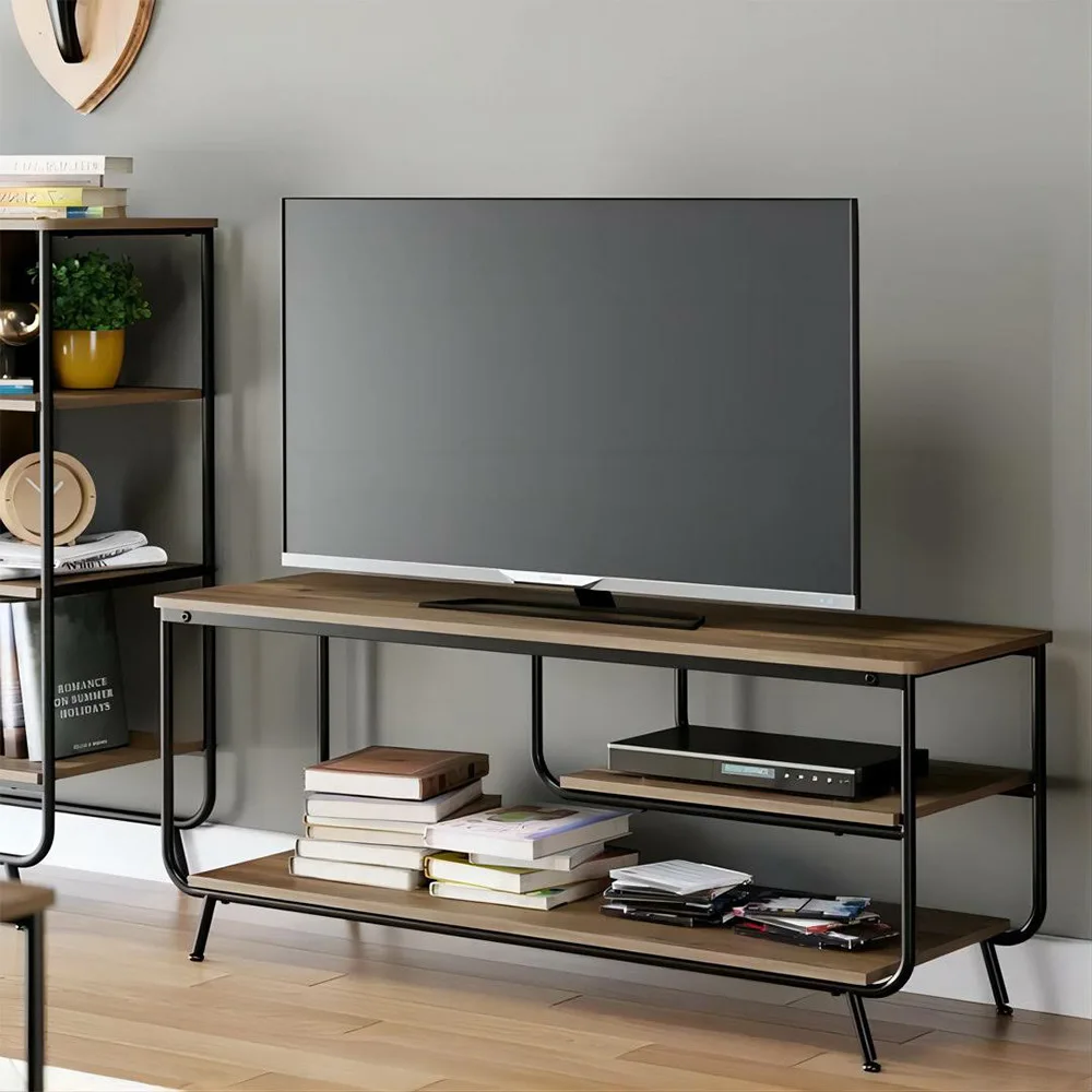 NBHY Industrial Wooden TV Cabinet Entertainment Center Media TV Console Stand with 3 Tiers Storage Shelves