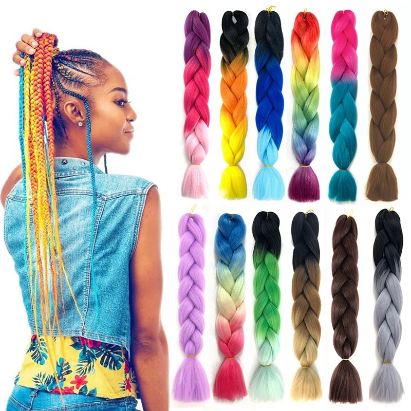 24 Inch 100g Ombre Rainbow Braiding Synthetic Hair Extensions For Cosplay Party Halloween Jumbo Braiding Hair