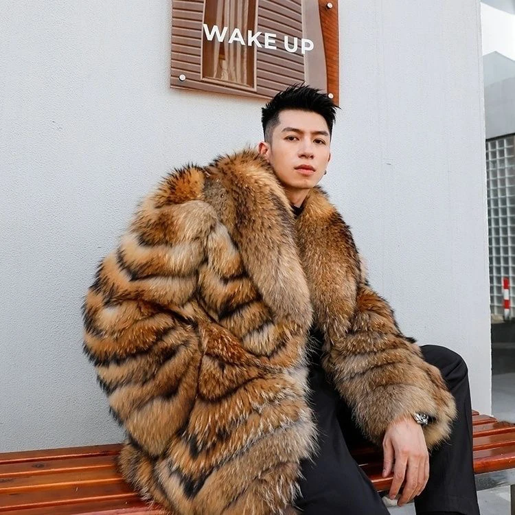 Wholesale Luxury Men Long Sleeve Mid-length Real Raccoon fur Coat Leather Winter Mens Fur Coat