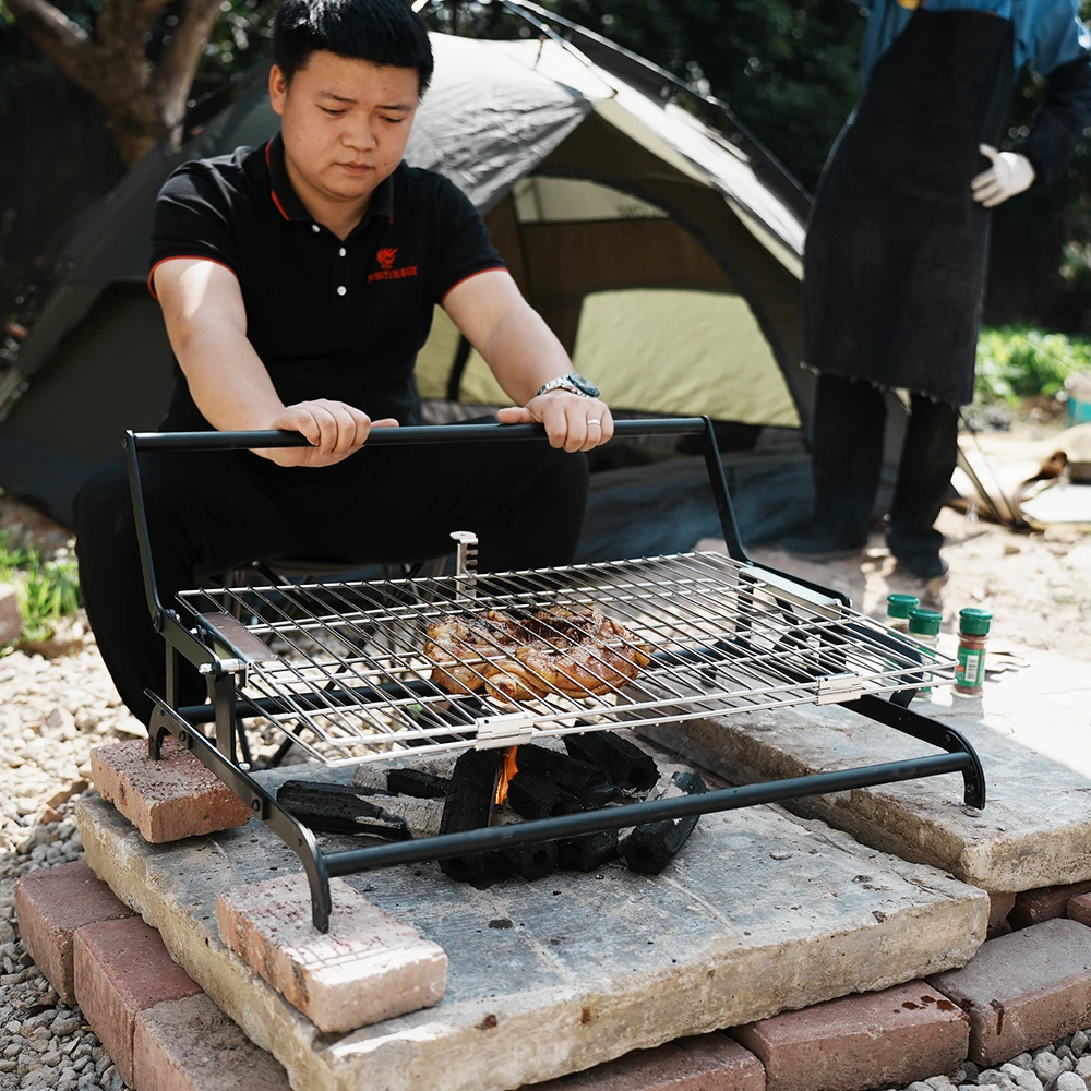 Portable Outdoor Garden Rotisserie BBQ Grill Stainless Steel Basket Net Rotating Charcoal/Wood Burning Flip BBQ Grill