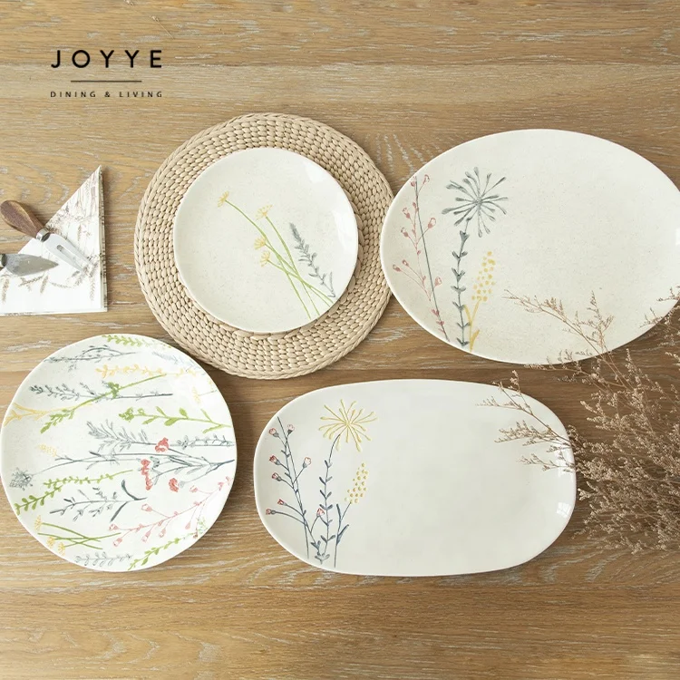 Joyye Floral Style Decorative Ceramic Shiny Glazed Servingware Party Plates,Ceramic Plate Set Floral