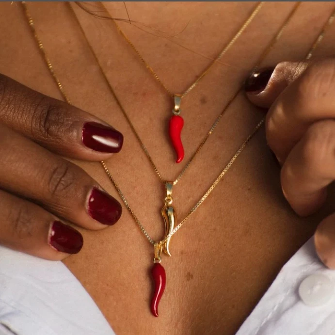 2024 Jewelry Enamel Chili Charm Pendant Necklace Lucky Horn Pendant Necklace Gold Stainless Steel Red Chili Pepper Necklace