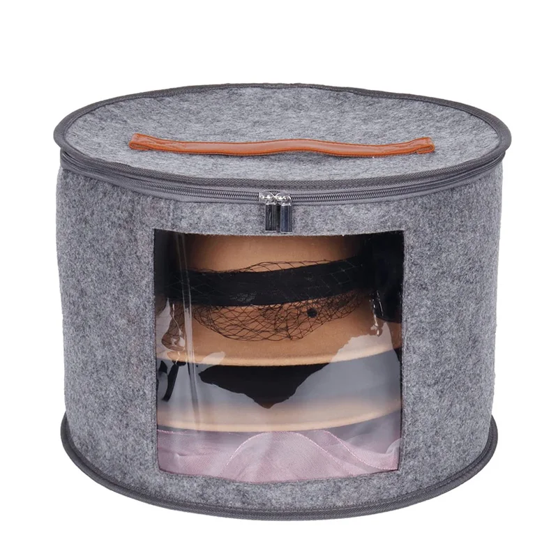 Portable Felt Organizer Bucket Hat Storage Box with Dust Proof Lid for Travel Clothes Stuffed Animal Toy Storage Bin Bag
