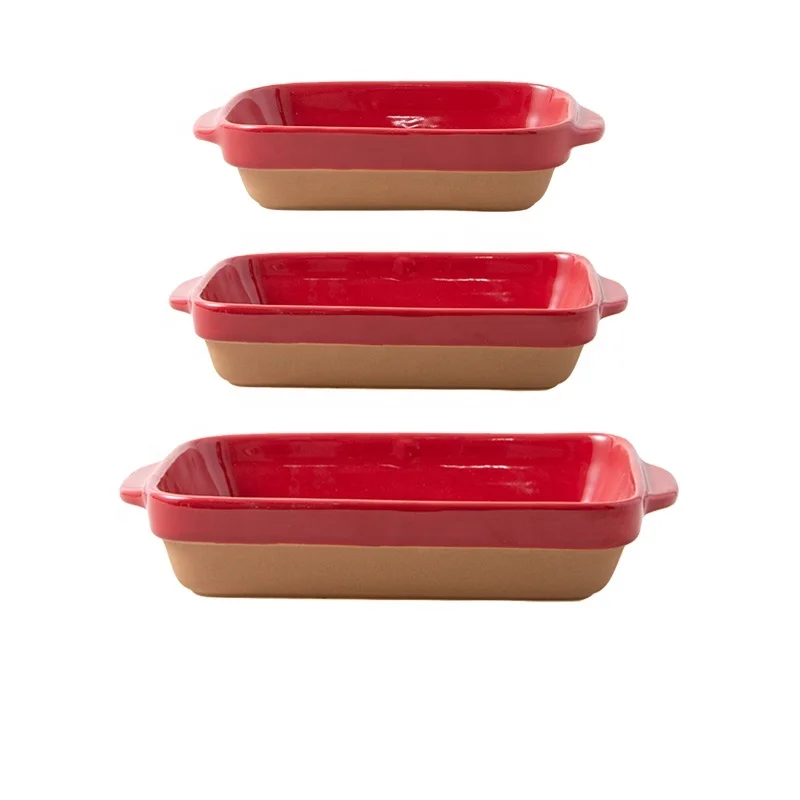 Factory Red Color Ceramic Bakeware Microwave 3 Size Baking Dish Stoneware Bake Plate With Handle