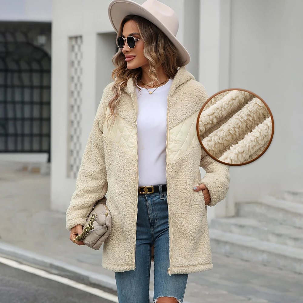 OEM ODM Custom Wholesale Winter Clothing For Women Full Zipper Fur Coat Hooded With Pocket Sherpa Fleece Jacket