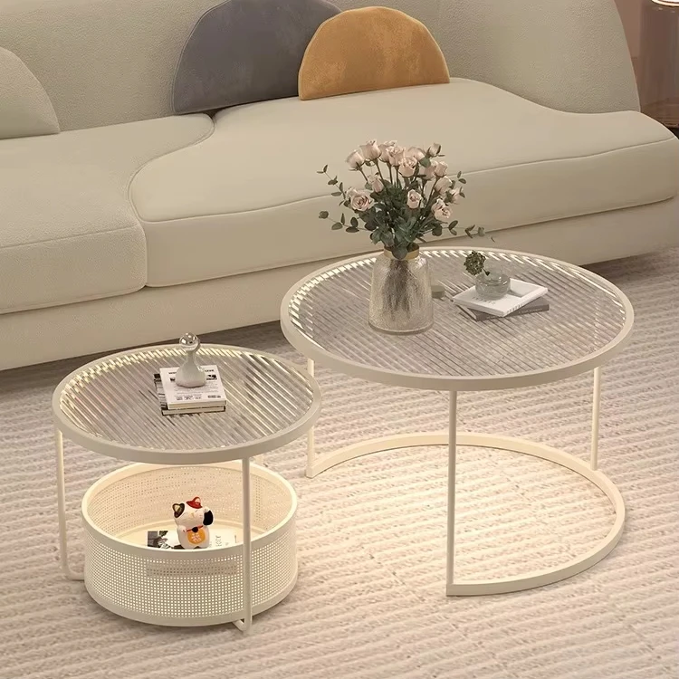 Hot Sale Nordic Wind Light Luxury Glass Coffee Table Small Round Table Cream Style White Round Tea Table