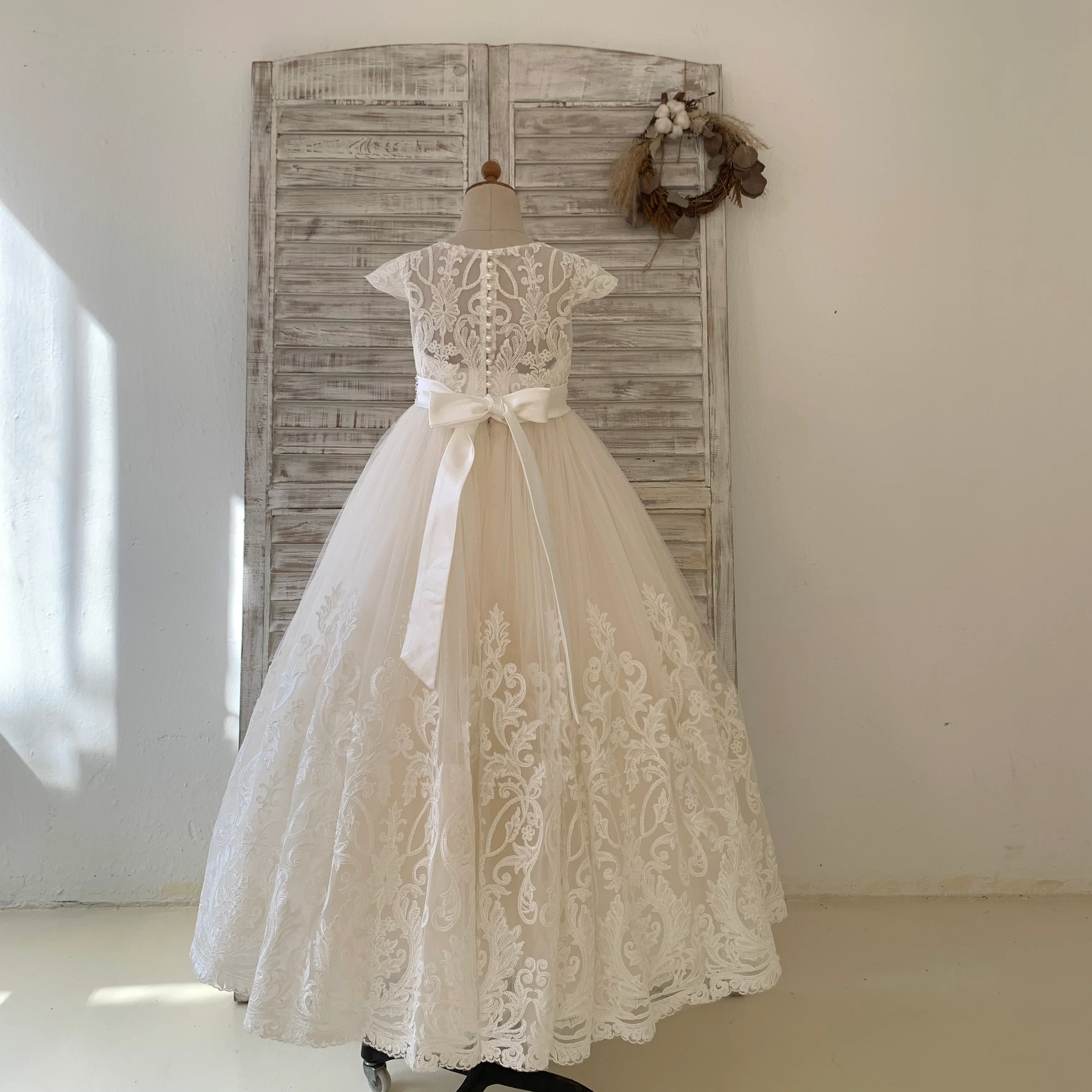 Ivory Lace Champagne Tulle Wedding Flower Girl Dress Kid Birthday Party Dress Couture Ball Gown Dress