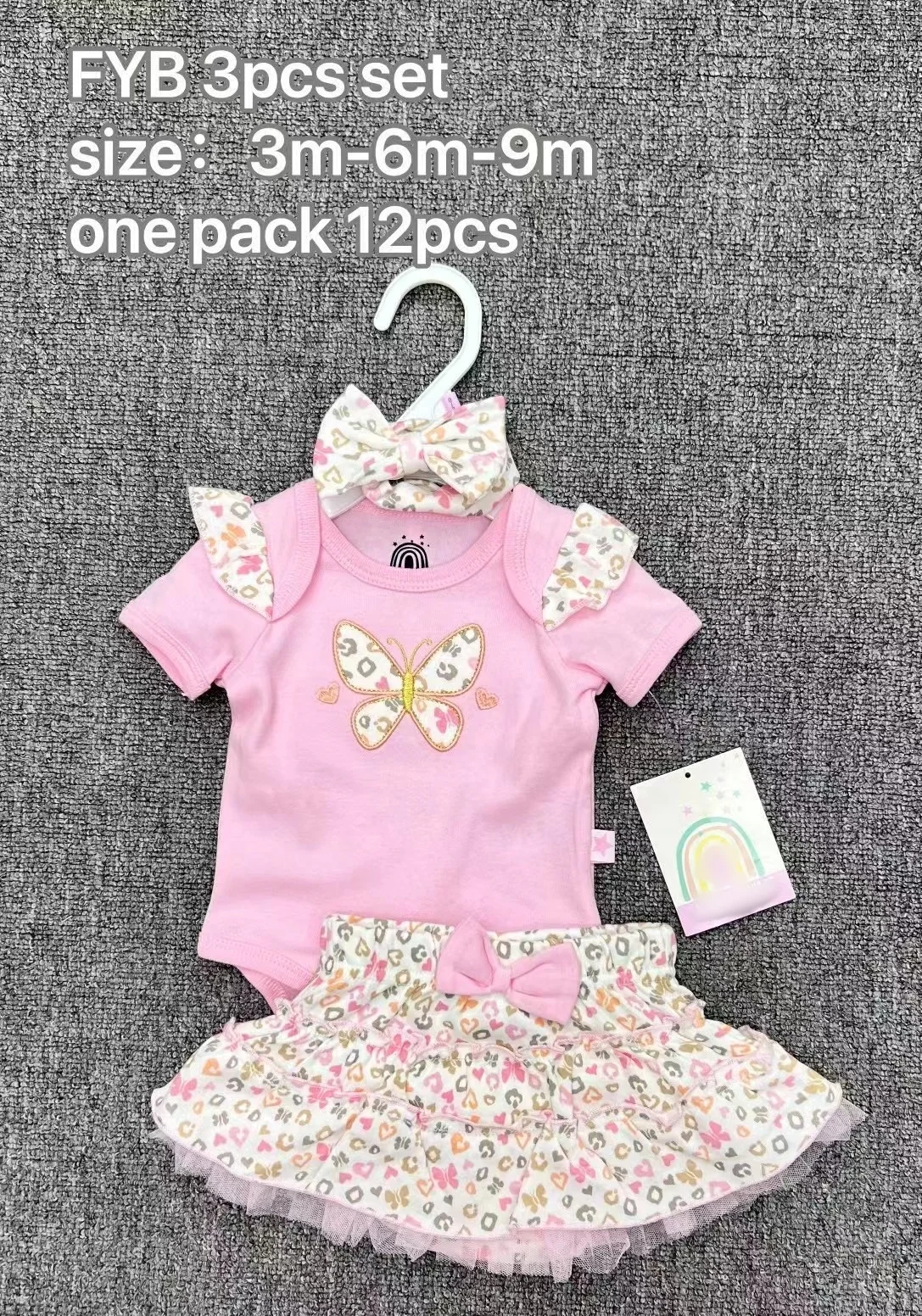 Hot Selling High Quality 0-9m Newborn Cartoon Cute Onesies Sets Girl Romper 3pc Sets Baby Short Sleeved Cotton Soft Clothing Set