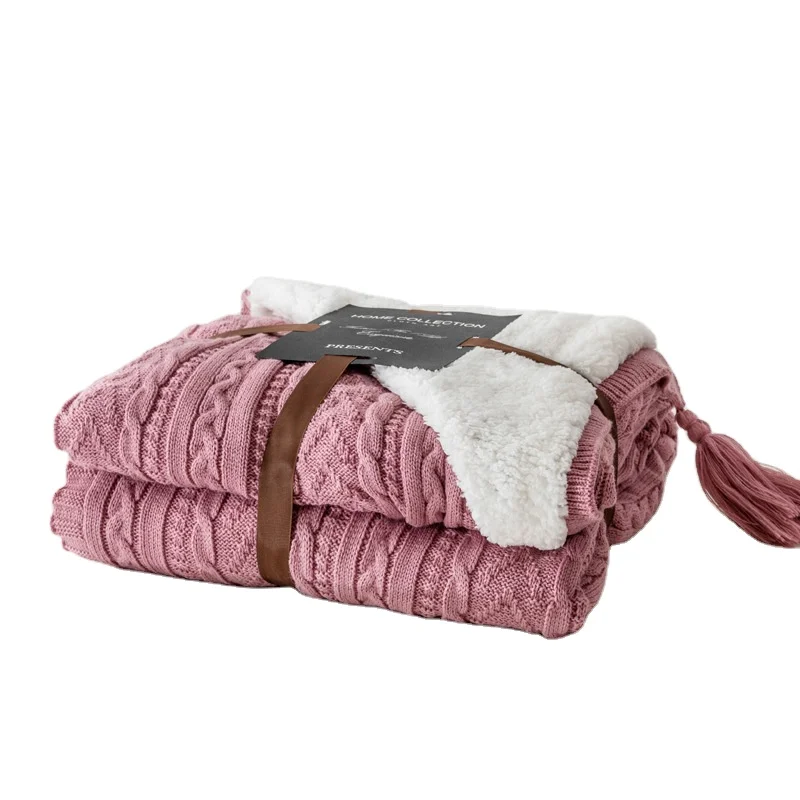 Double Layered Blanket Classic Acrylic Knit Cozy Polyester Faux Lambs Wool Sherpa Backing Plush Throw Blanket