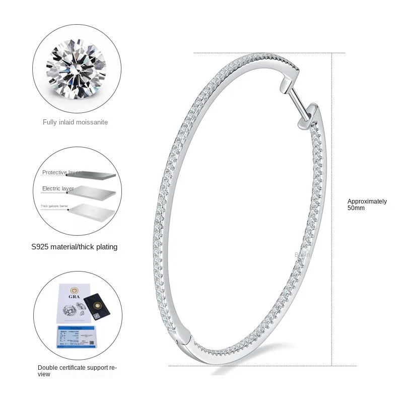 Custom 2024 Women Minimalism Large Huggie Hoop Earrings Fine Jewelry 925 Sterling Silver 50mm Fulled Diamond Moissanite Earrings