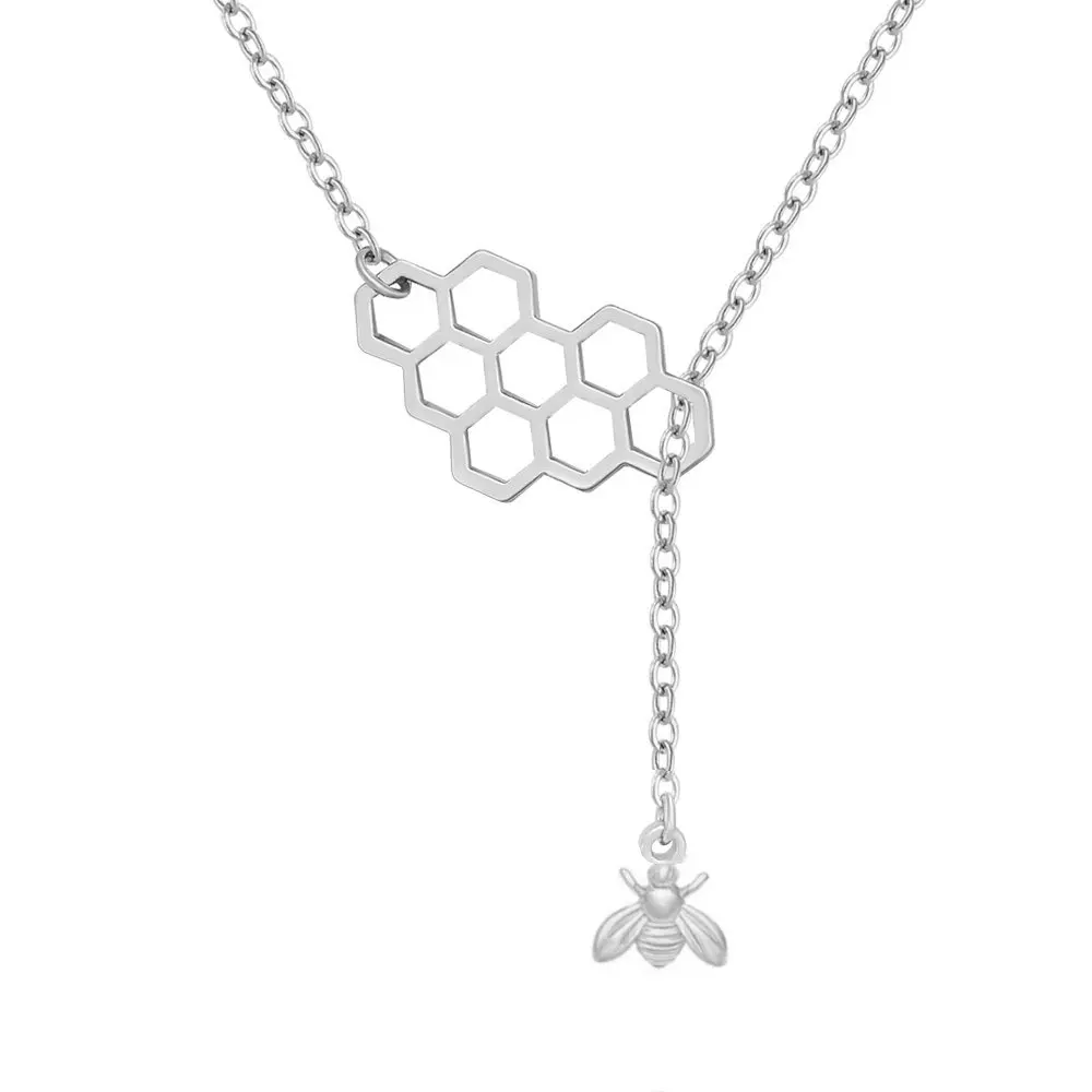 Geometric Bee Hive with Tiny Honey Bee Lariat Y Necklace