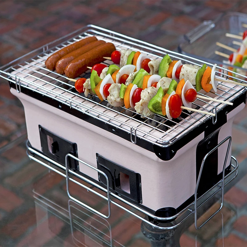 Mini Japanese Style Hibachi Tabletop Charcoal Grill Internal Grates Charcoal Chrome Cooking Grill Table BBQ Grill