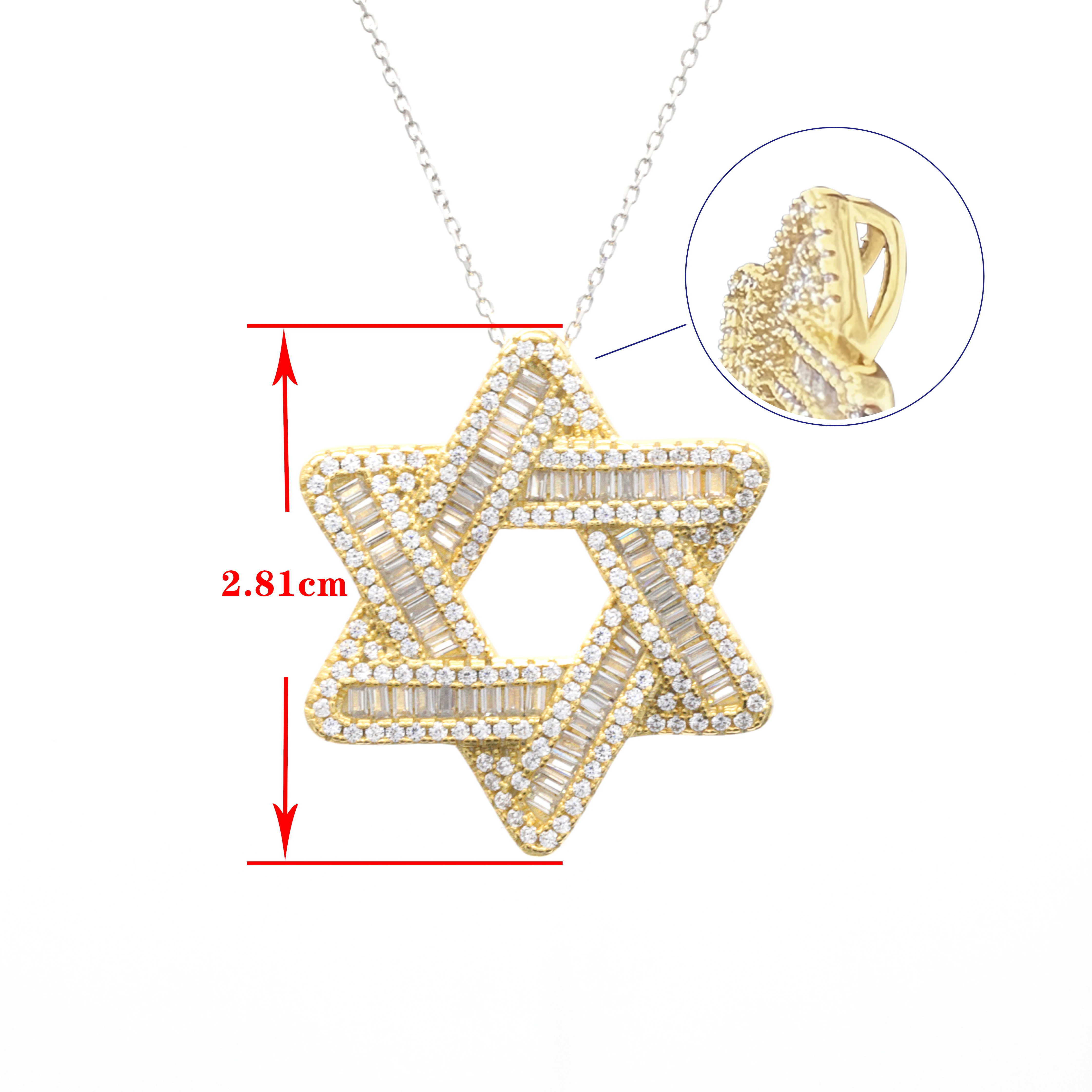 Custom Baguette Hexagram Star David Pendant  Religious 18K Gold Plated Geometric Hexagon Empty Star Pendant 925 Sterling Silver