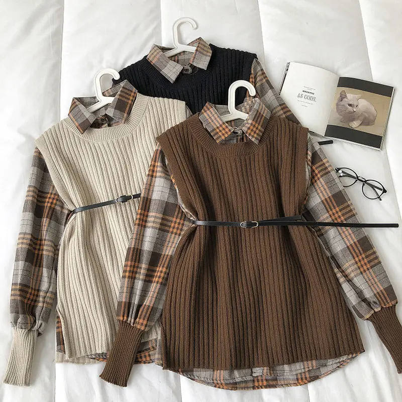 2022 Japan Korea autumn winter new fashion cotton shirt and vest 2 pieces set for women matching sets outfits