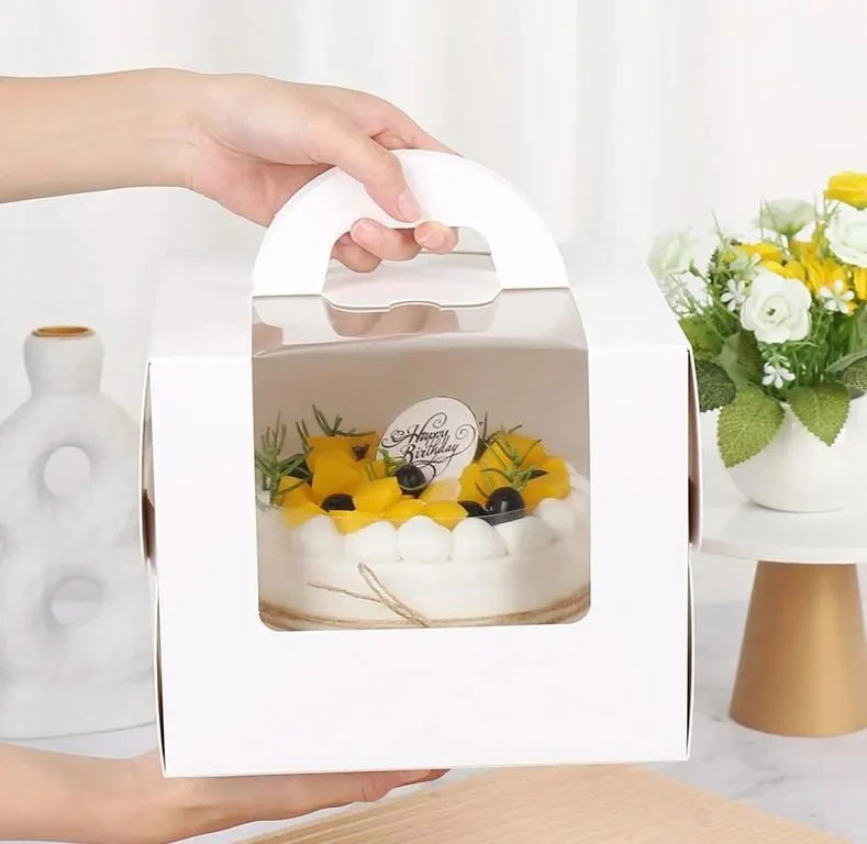 
Direct Manufacturer Wholesale 8inch 10inch White Handle Paper Bakery Packaging Cake Box with Clear PVC Window 