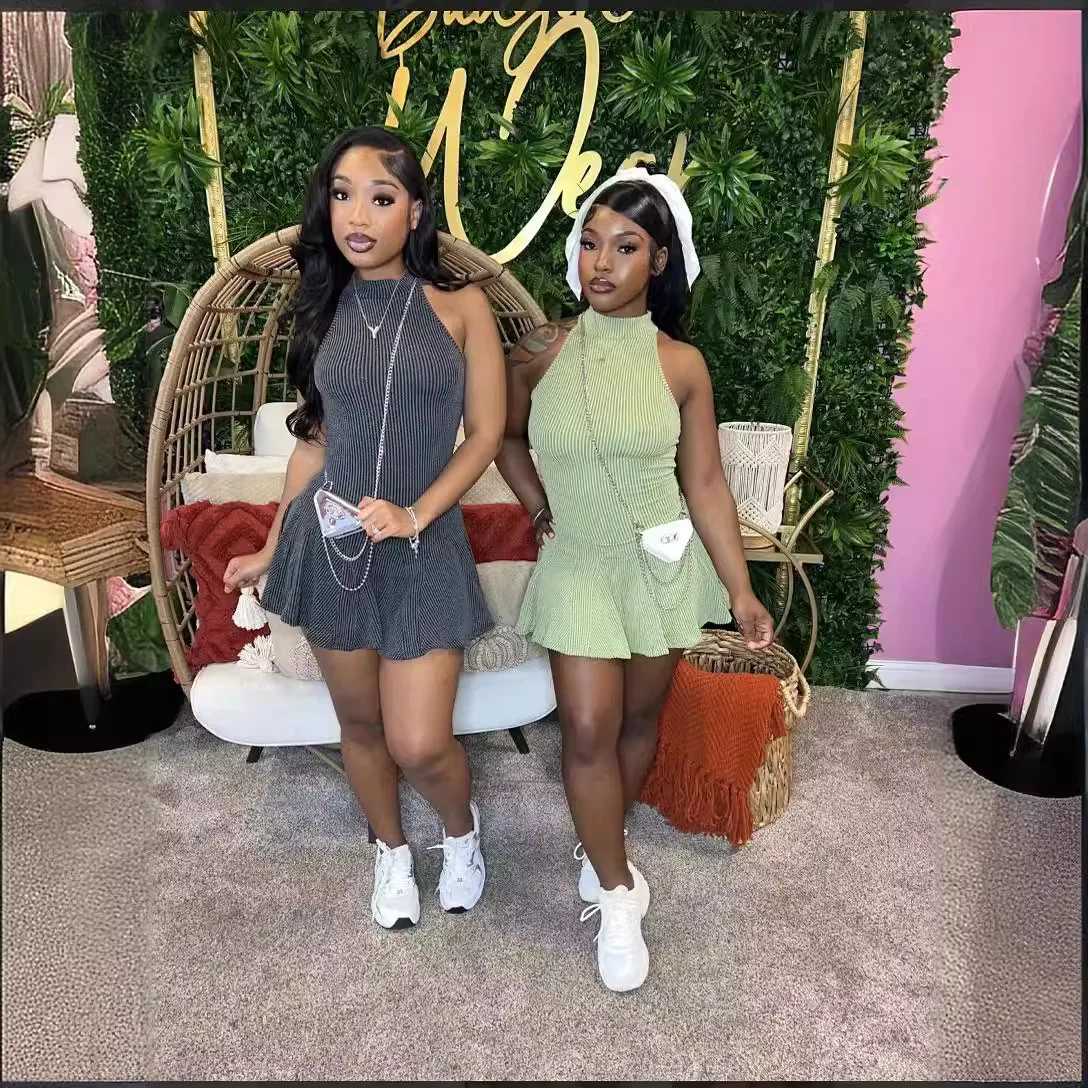 Peeqi D0278 Summer woman clothes Sleeveless Hollow out Pleated Mini Dress Slim Fit Skirt Sexy casual plus size dresses women