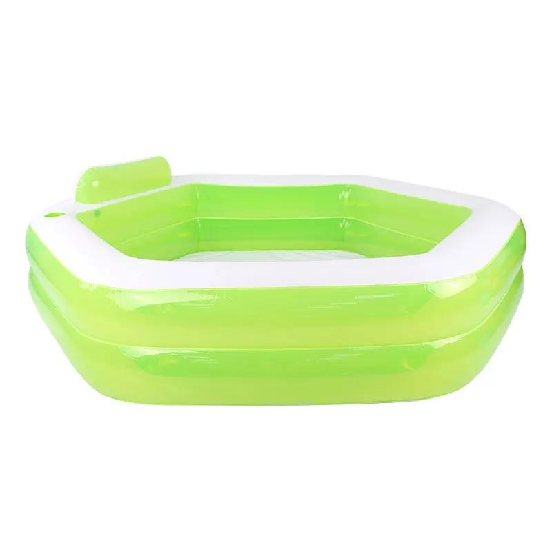 Green Sexangle Inflatable Family Pool with Headrest Quick Inflation and Deflation 202*151*46 cm for Age 3+