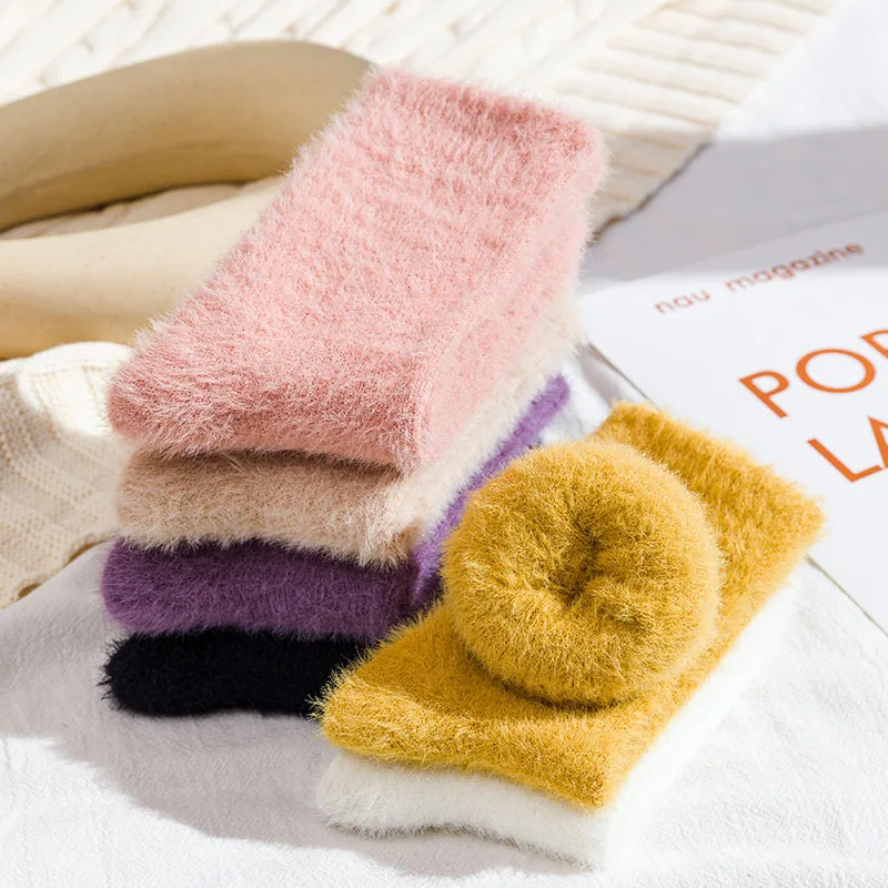 Winter Cold Resistance Imitated Mink Fleece Socks Women Thermal Stockings Home Confinement  Socks Solid Color Floor Sleeping Soc