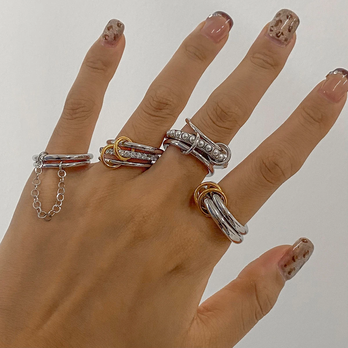 J&D Luxury 18K Gold Plated Stainless Steel  Rings Women Jewelry Irregular Wave Double Finger Rings Sets