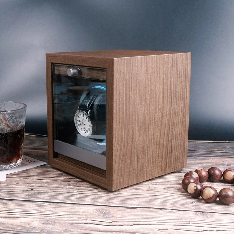 Wholesale Walnut Luxury Led Safe Watch Winder Tpd Wood Grey Single Automatic Watch Winder Gyroscope Cabinet Rotating Watch Case