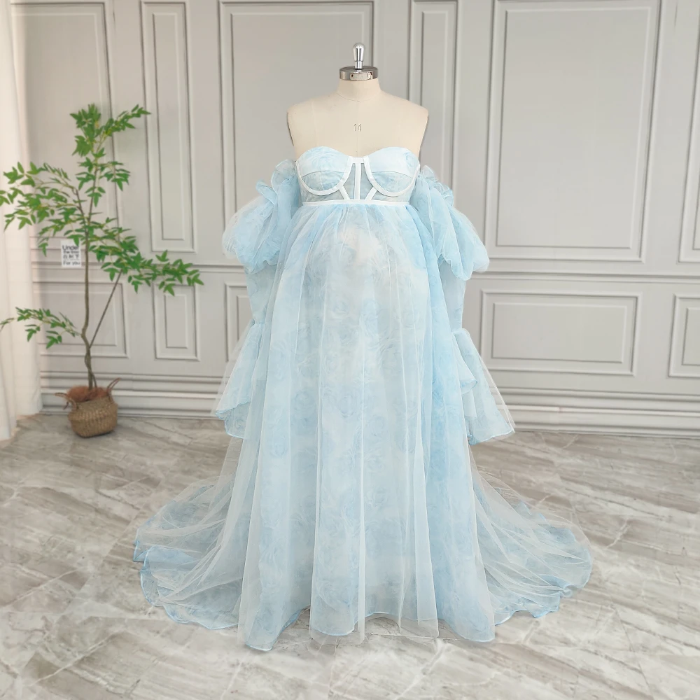 Plus Size Blue Rose Printed Organza Maternity Photography Gown for Pregnant Women Evening Party Dress Baby Shower Robe Custom