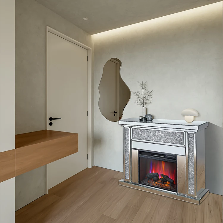 Luxury 47 Inch Mirrored Fireplace TV Stand Crushed Diamond Fire Place Remote Control Electric Fireplace with Mantel