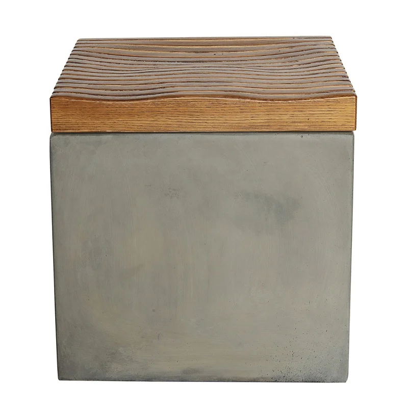 Wooden slat top grey cement bottom GRC GFRC square outdoor indoor ottoman step stool shower stool  foot stool