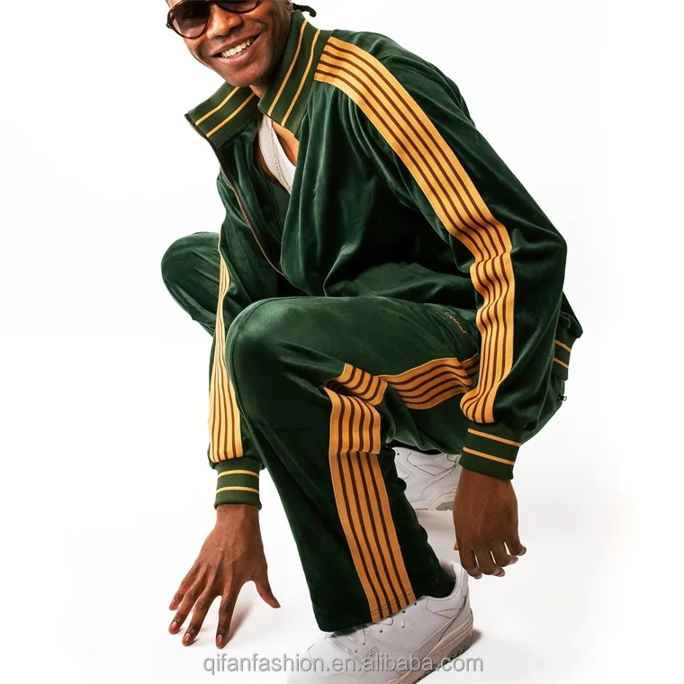 Custom high collar full zip up side stripe velvet velour track jacket for men