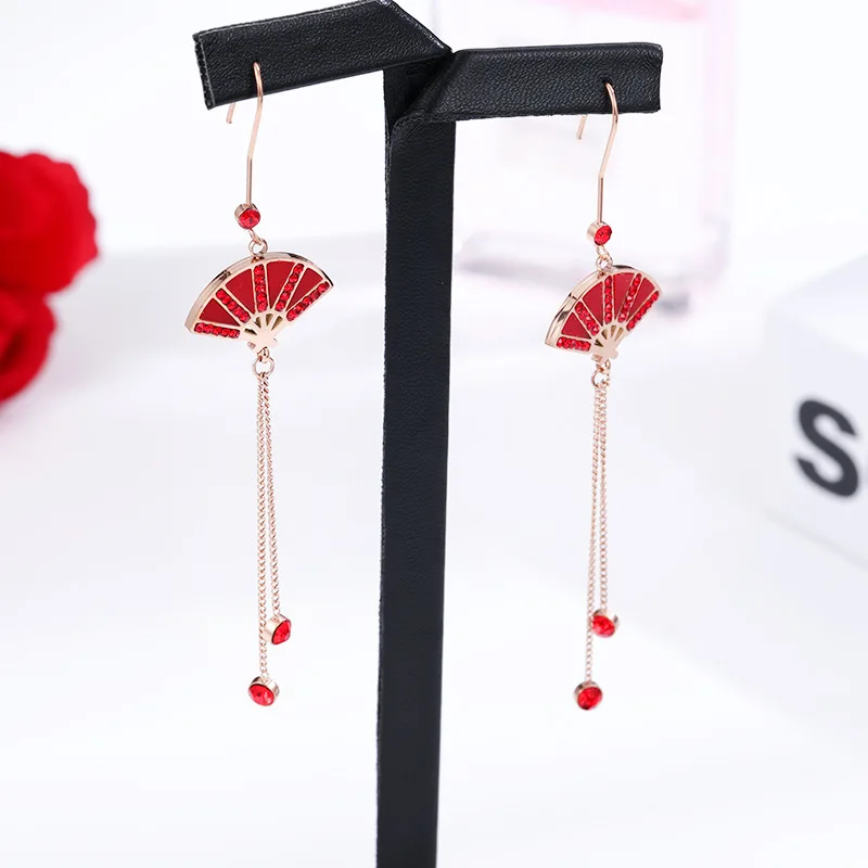 New Chinese style red fan tassel earrings fashion long earrings trend