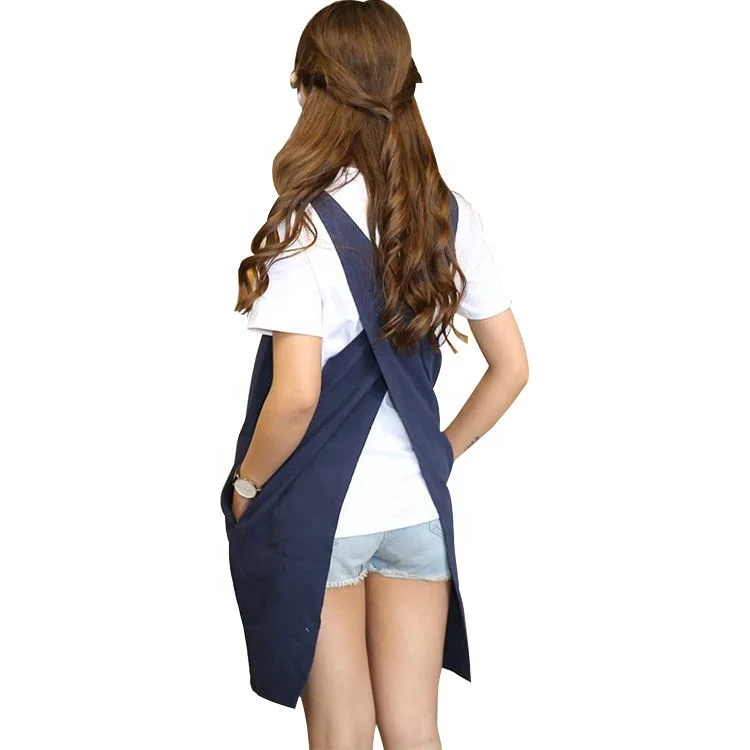 New Product Fashionable Linen Apron Japanese Style cooking custom size cross back aprons for women with 2-pocket