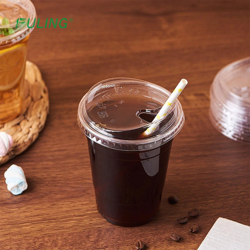 FULING 16oz 98mm clear pet plastic cup strawless sip lid disposable beverage cup for to go drink