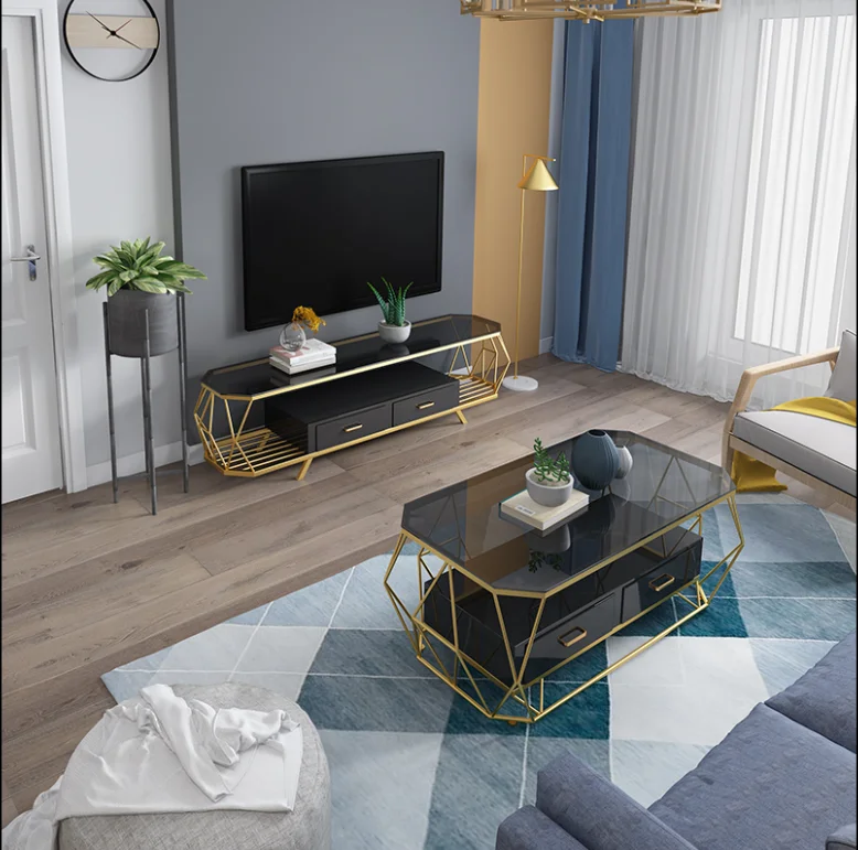 Simple modern living room coffee table TV cabinet combination small apartment square tempered glass marble coffee table