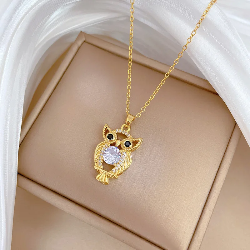 Trendy Gold Plated Stainless Steel Crystal Diamond Shining Owl Pendant Necklace Titanium steel Jewelry for Women Girls