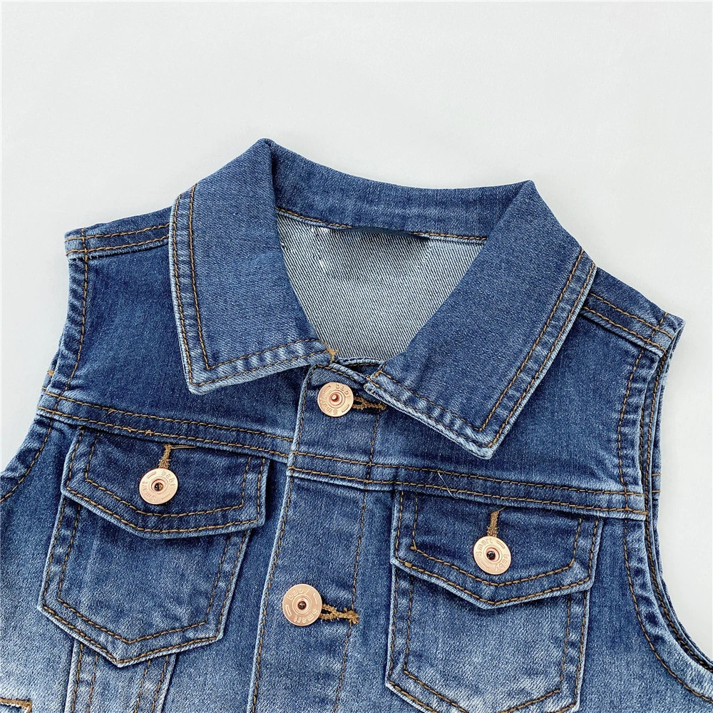 Spring Fall kids clothing blue cowboy street wear washed kids denim jean sleeveless jacket utility denim vest for baby boys