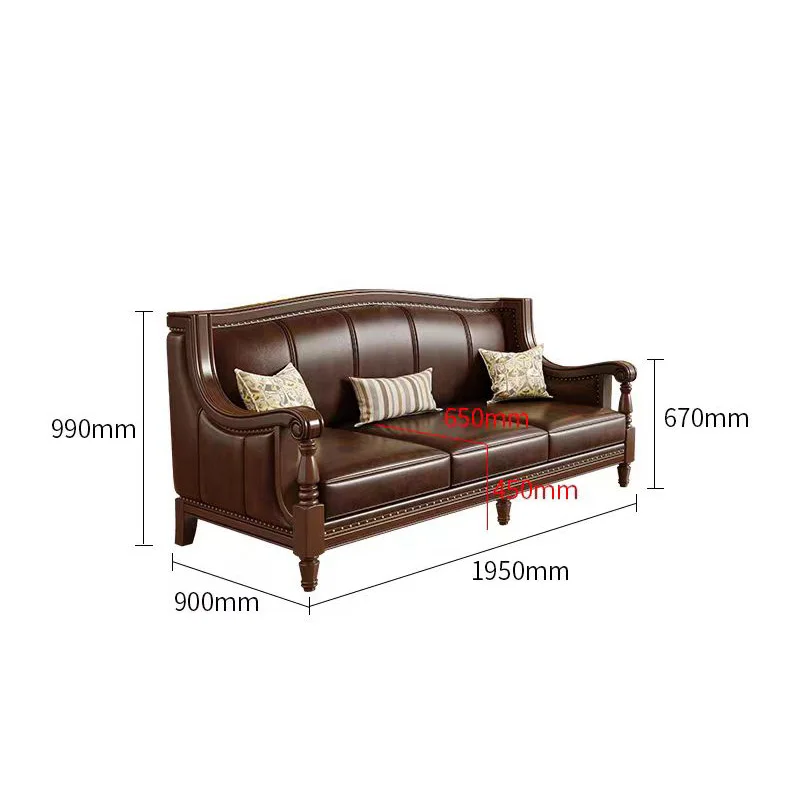 American pastoral style Classic Living Room Hotel Furnitures Wooden 4 Seater 1 2 3 Luxury genuine Leather Solid Wood Sofas Set