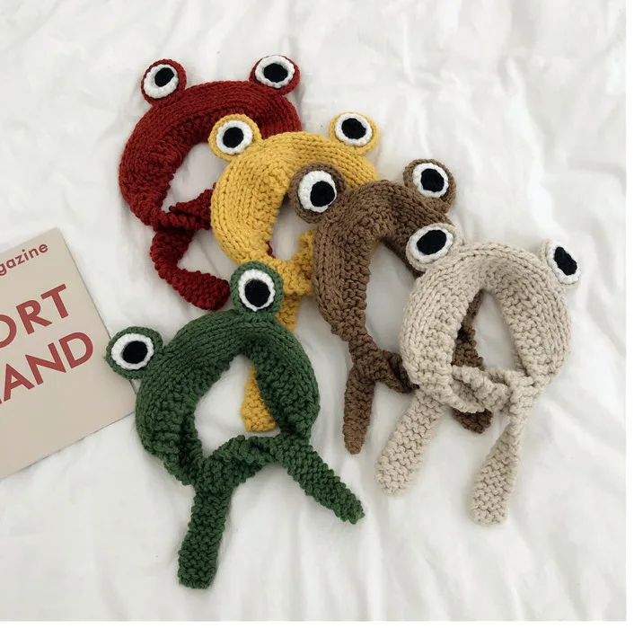 Frog Headband Hat Cute Crochet Knitted Headband Outdoors Big Eye Frog Hat Earflap Ear Protective