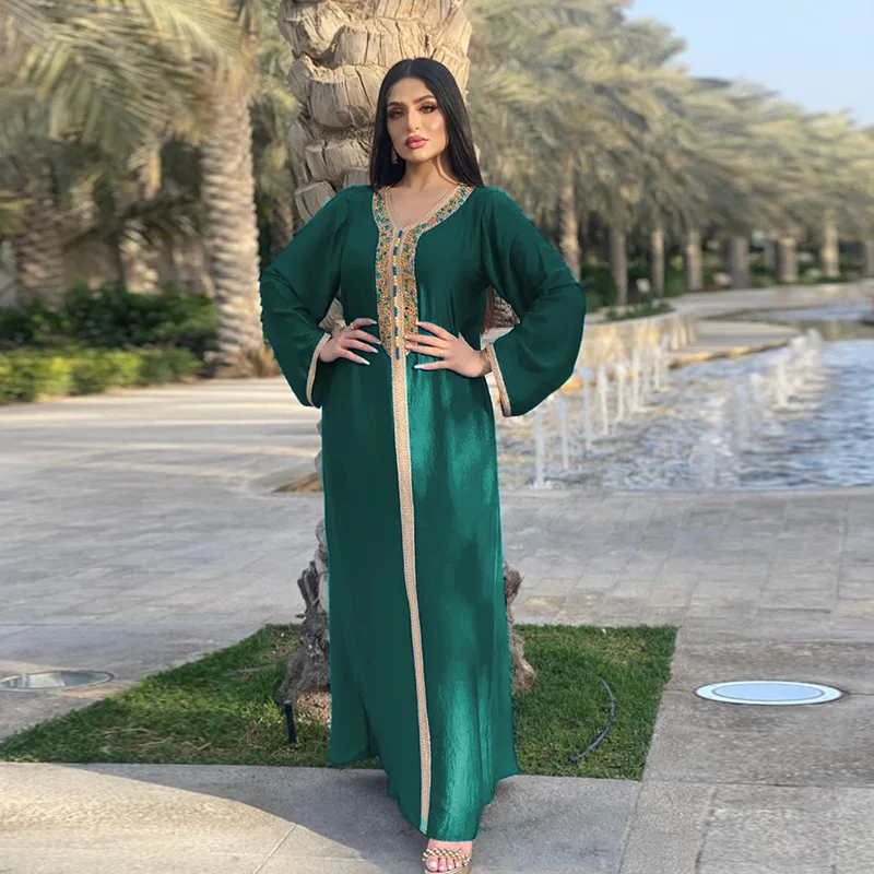 2022 Abaya Kaftan Islamic Clothing Hot Rhinestone Ribbon Abaya Dubai Muslim Robe Turkey Caftan Marocain Prom Dresses